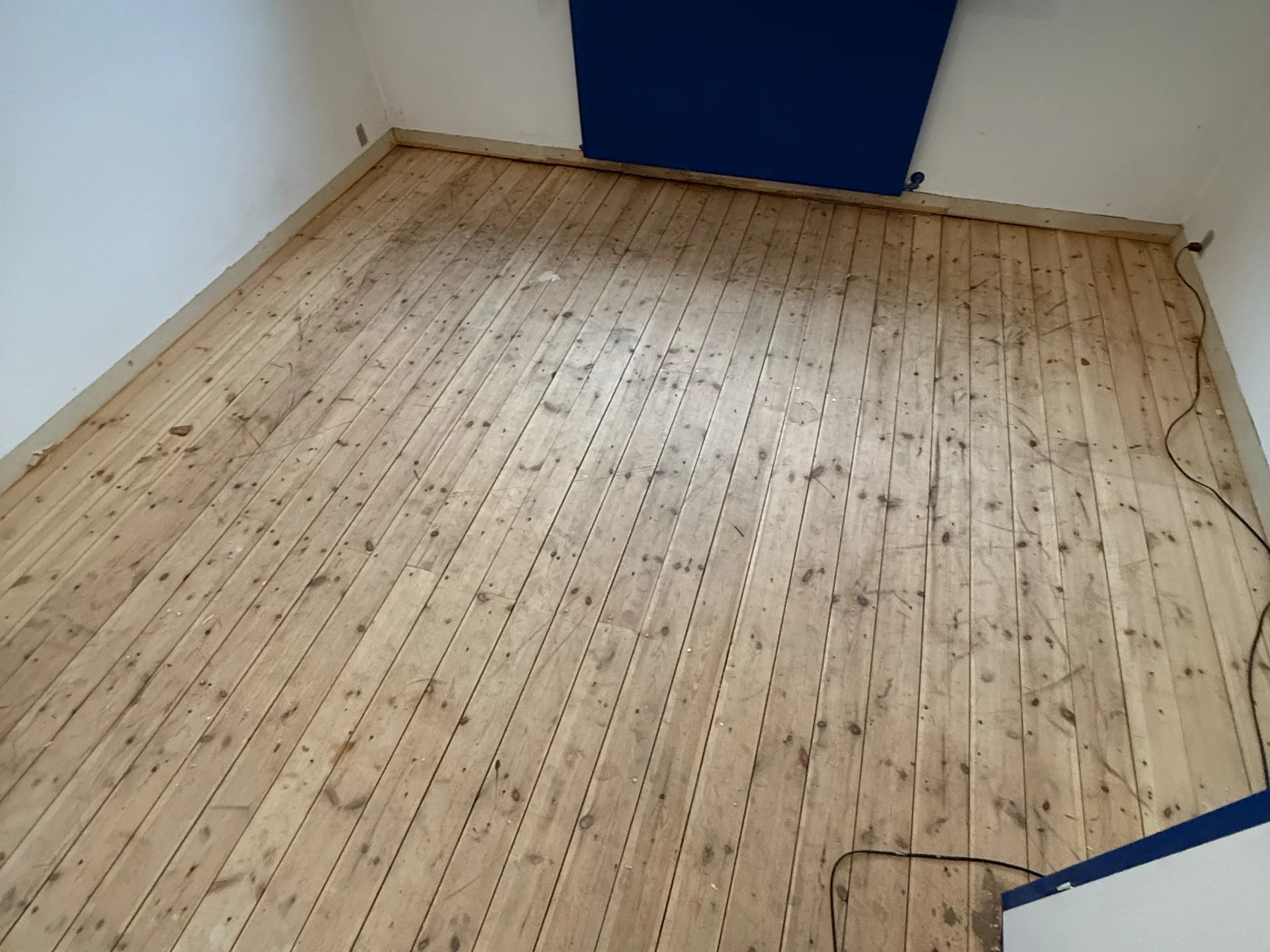 The existing pine floor during assessment and preparation